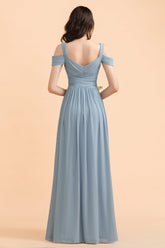 Sexy Cold-Shoulder Dusty Blue Chiffon Bridesmaid Dresses with Slit On Sale